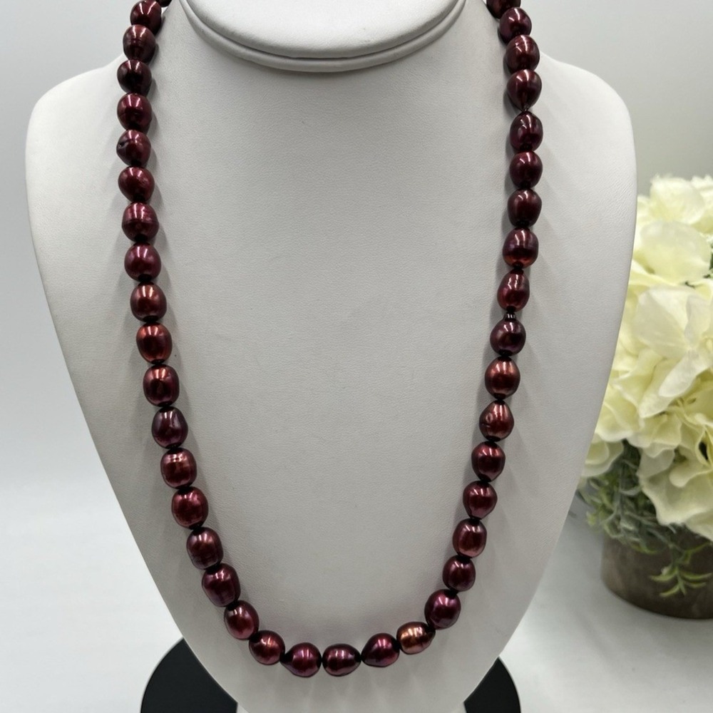 JBB Israel Sterling Silver Toggle Burgundy‎ Wine 10mm Pearl Necklace 70 Grams